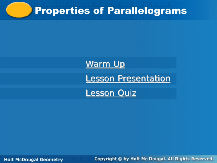 Properties of parallelograms quick check