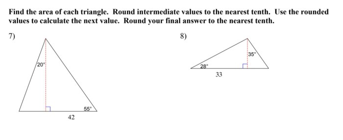 Find the area of each triangle to the nearest tenth