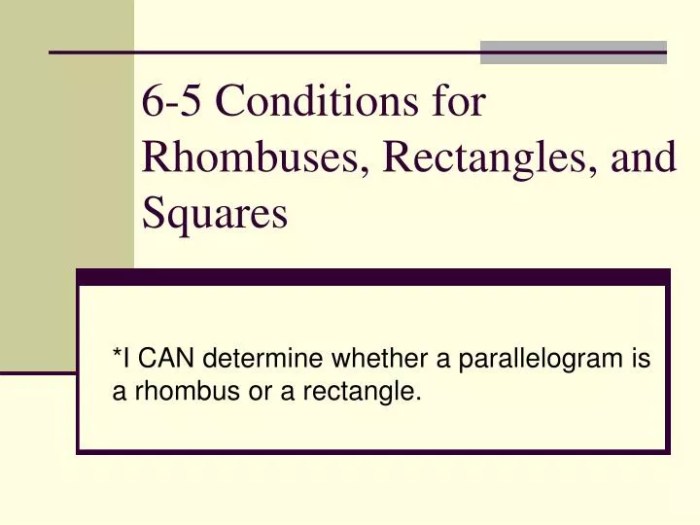 Conditions for rhombuses rectangles and squares