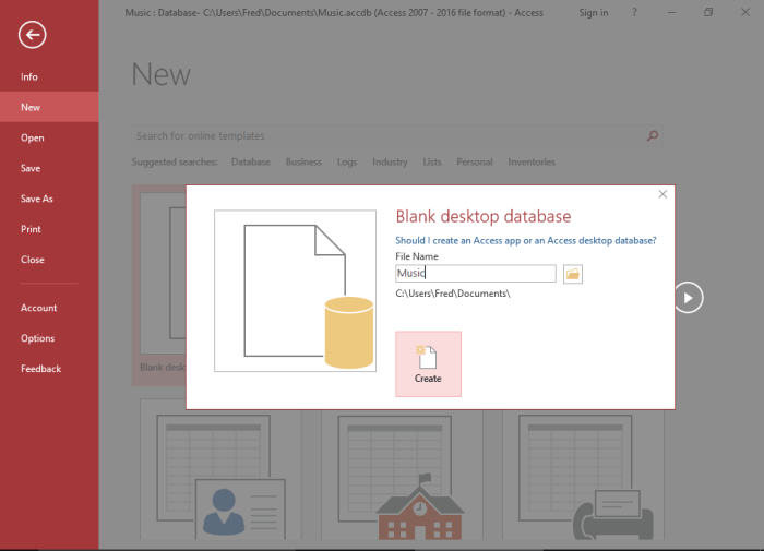 A new blank desktop database includes one table named table1